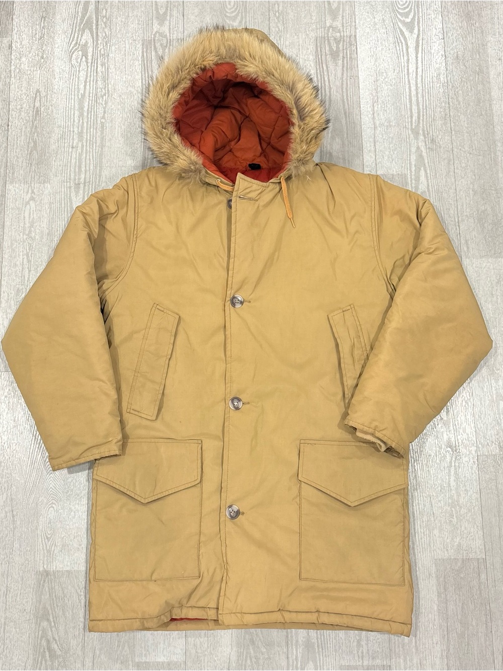 Vintage Mens Woolrich Tan Hooded Winter Parka Jacket